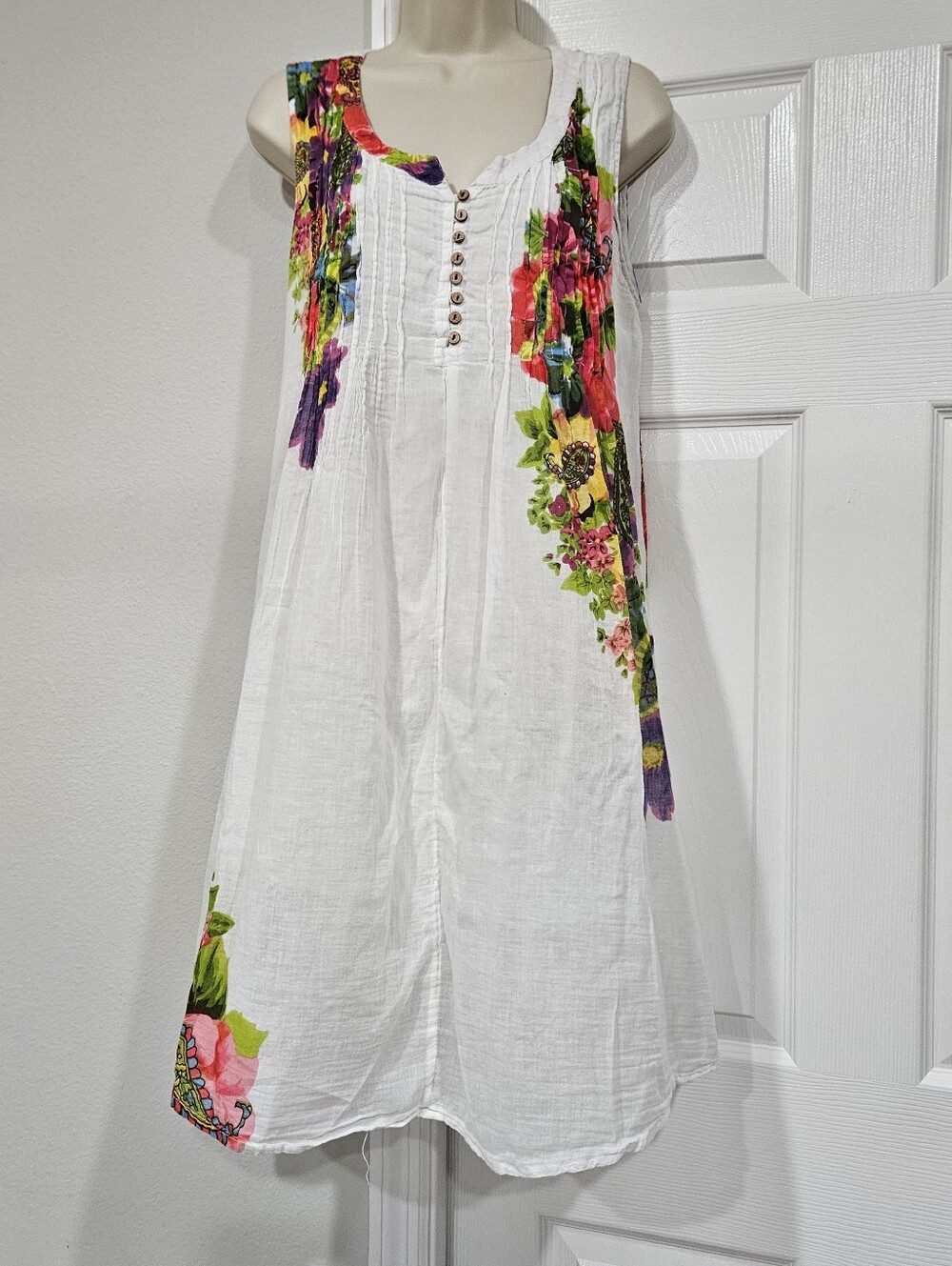 White Floral Sleeveless Linen Dress - Vibrant Multicolor Print